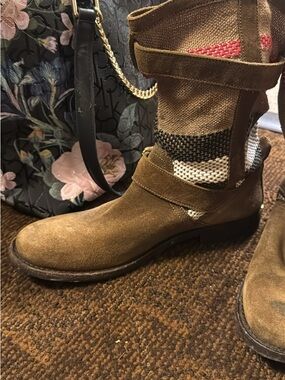 Burberry Brown Suede Men's Mid-Calf Boots with Woven Panels